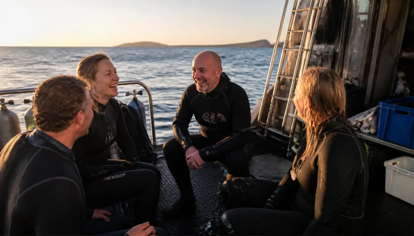 Divers talking together on the deck of a liveaboard at sunset