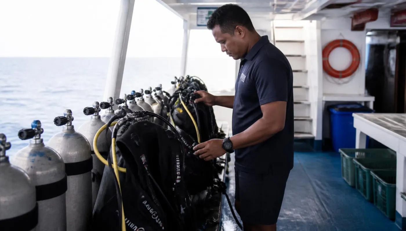 Crew member checking scuba tanks and regulators on a liveaboard dive deck