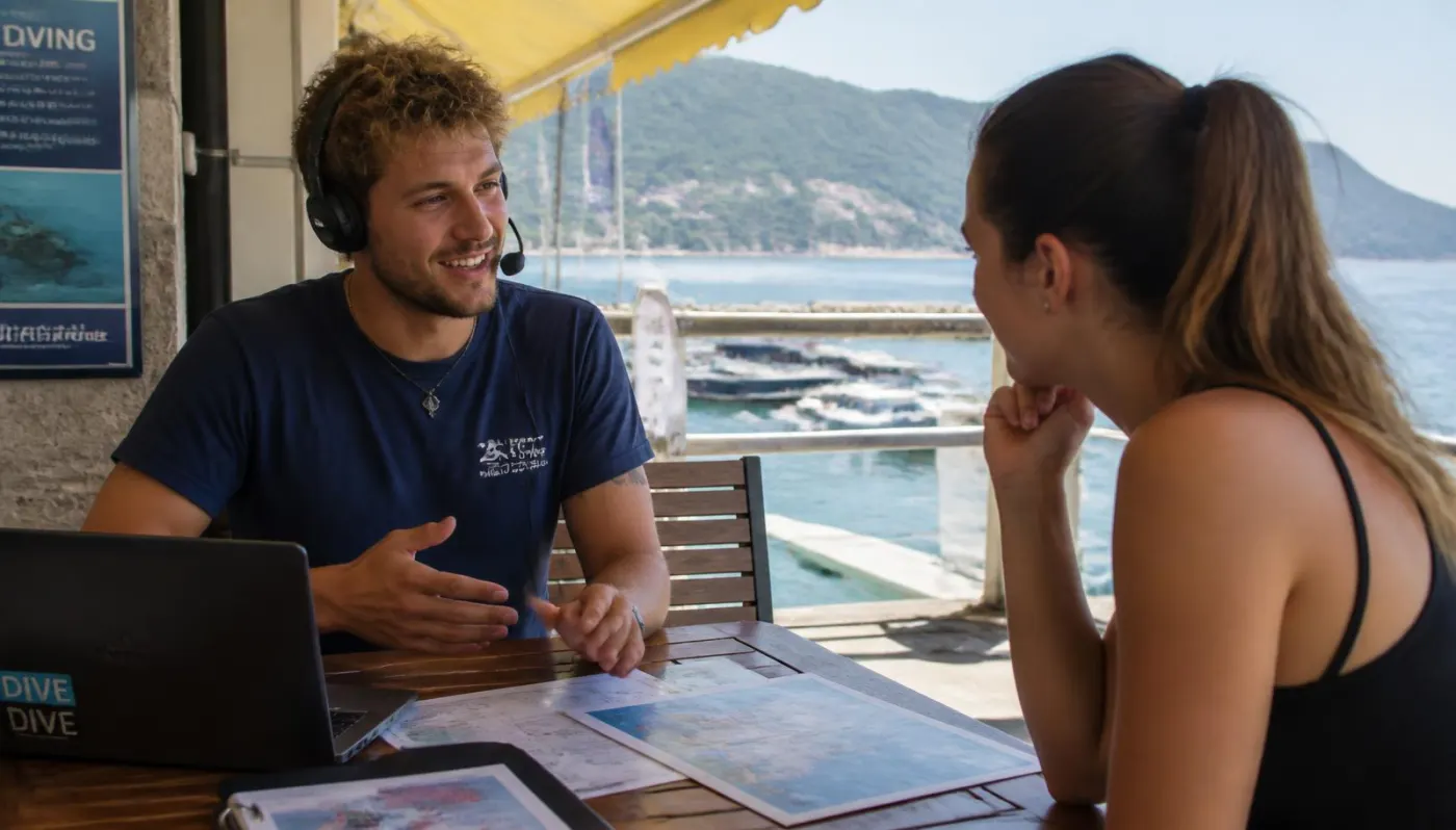 Dive travel advisor discussing itineraries with a guest at a harbour