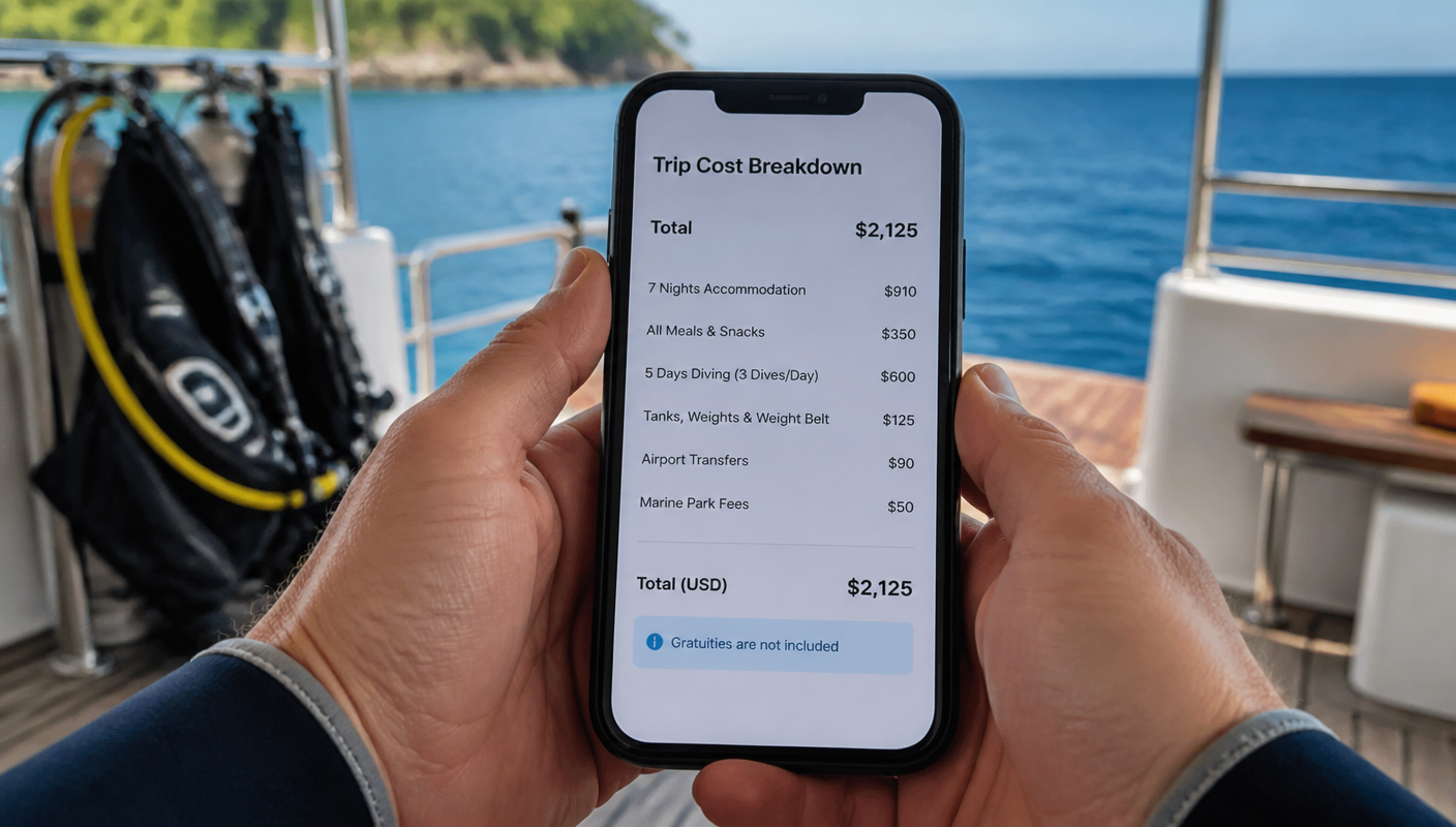 Diver holding a smartphone showing a clear liveaboard trip cost breakdown on a boat deck