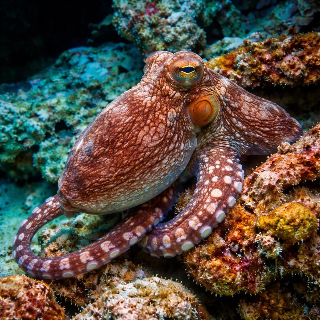 Reef octopus at the dive site Penemu Wall