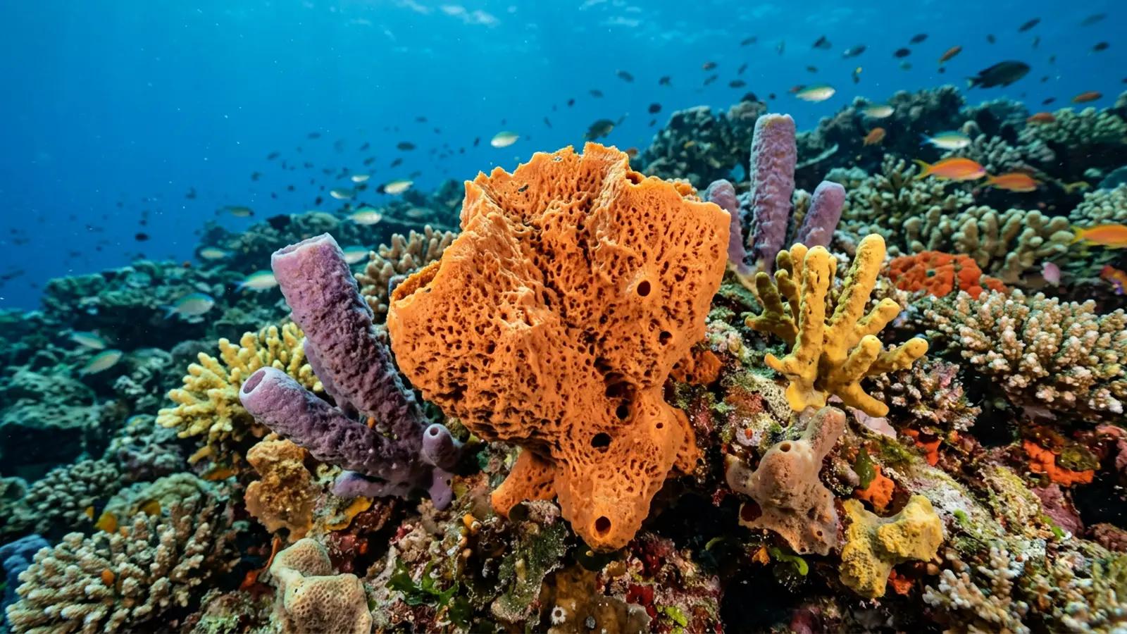 Sponges (red, purple, orange) at the dive site Paraiso Perdido