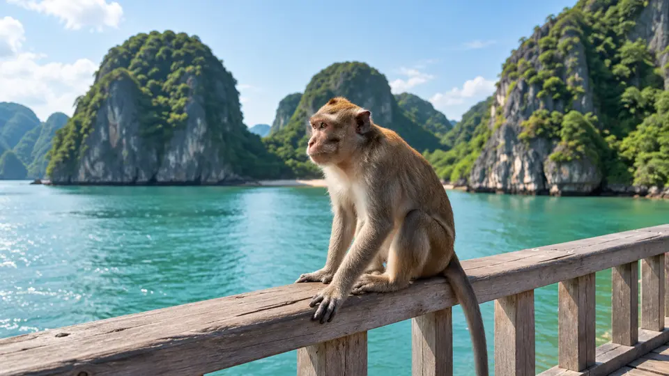 Long-tailed macaque in its natural habitat, AI illustration
