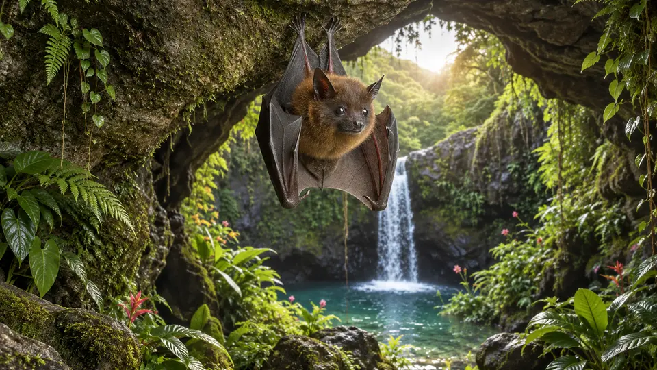 Pacific sheath-tailed bat in its natural habitat, AI illustration