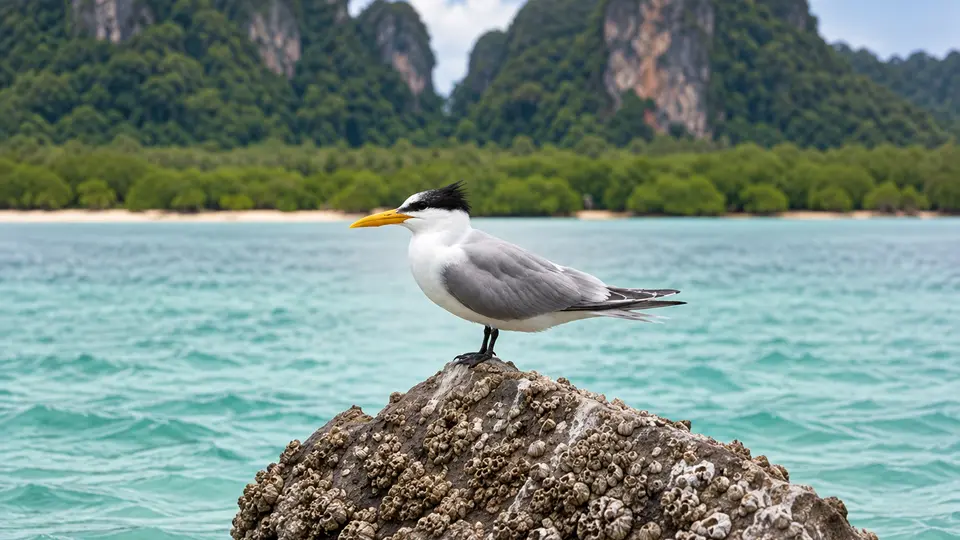 Great crested tern in its natural habitat, AI illustration
