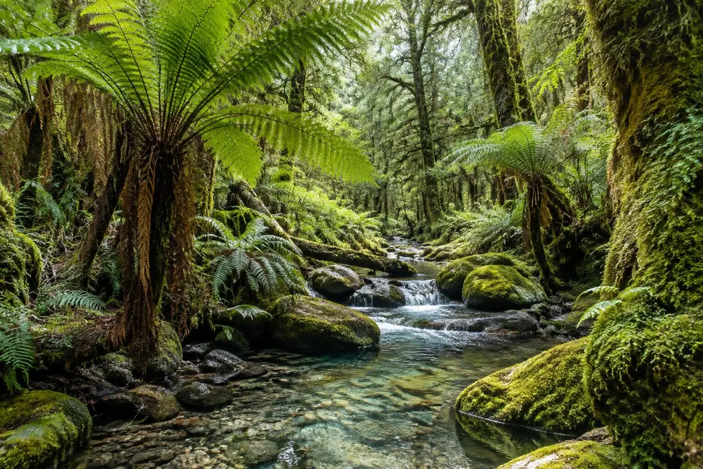 AI-generated illustration of Fiordland forest