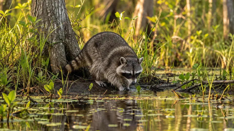 Raccoon in its natural habitat, AI illustration