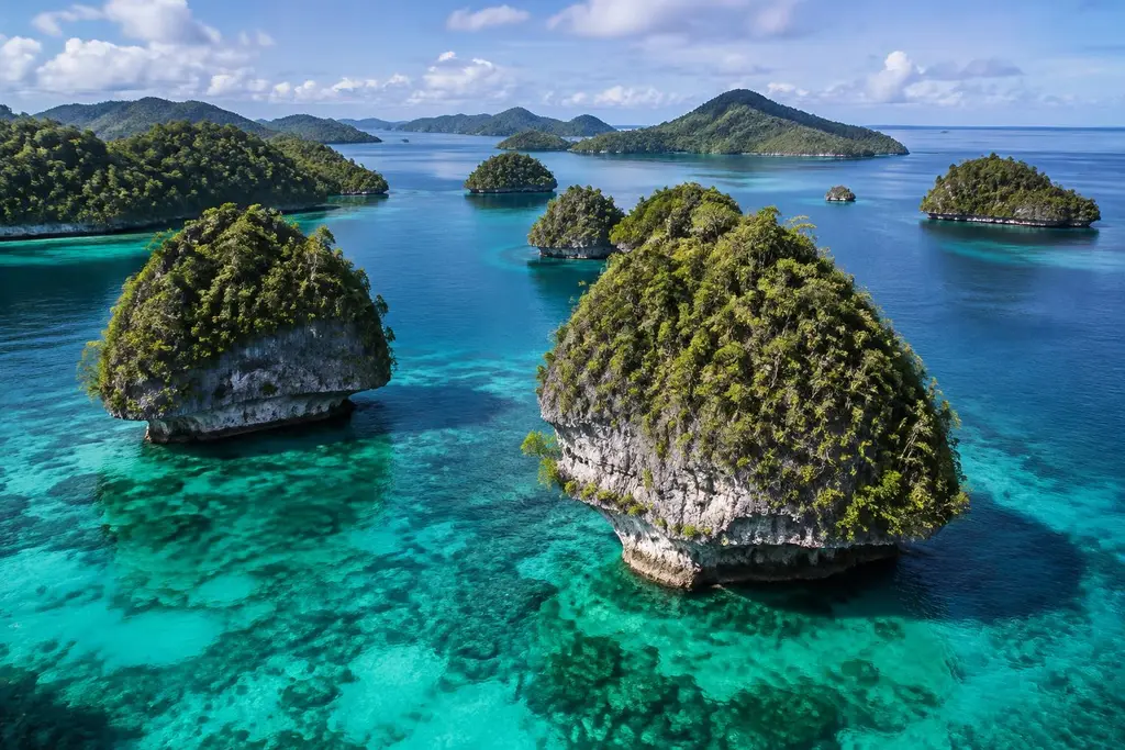 AI-generated illustration of Raja Ampat limestone islands