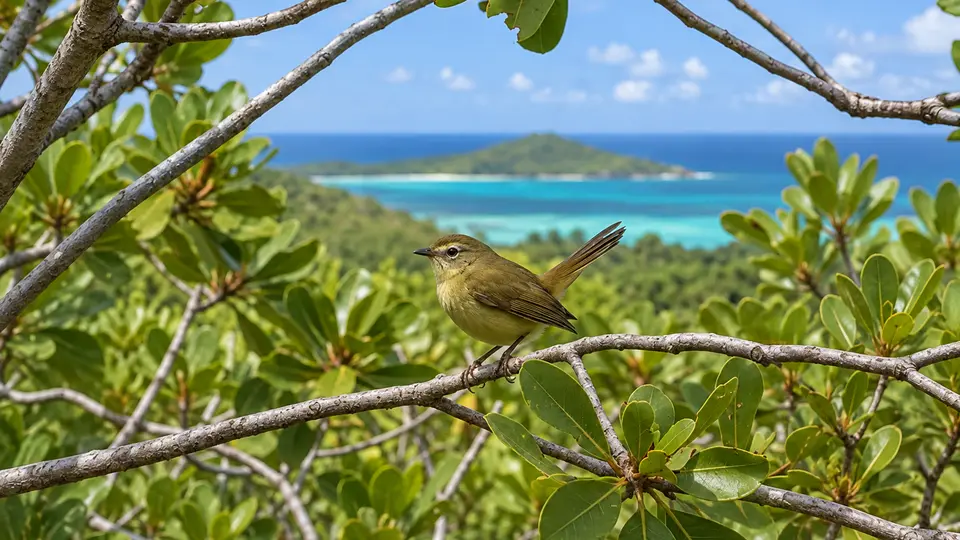Seychelles Warbler in its natural habitat, AI illustration