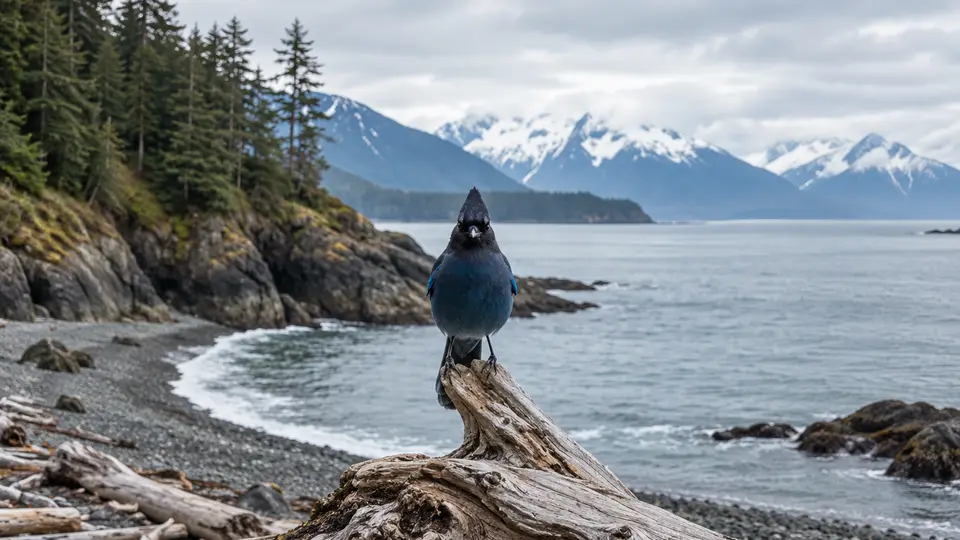 Steller's Jay in its natural habitat, AI illustration