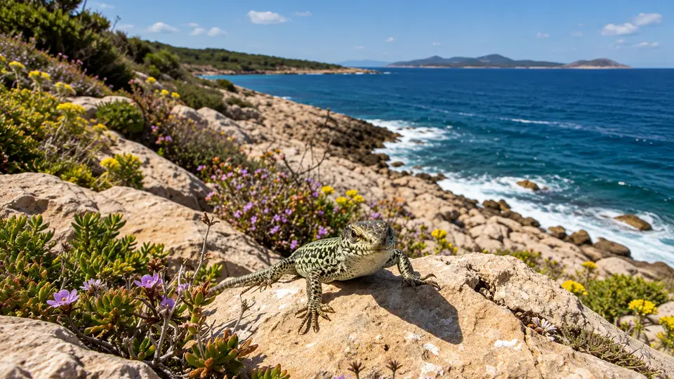 Dalmatian Wall Lizard in its natural habitat, AI illustration