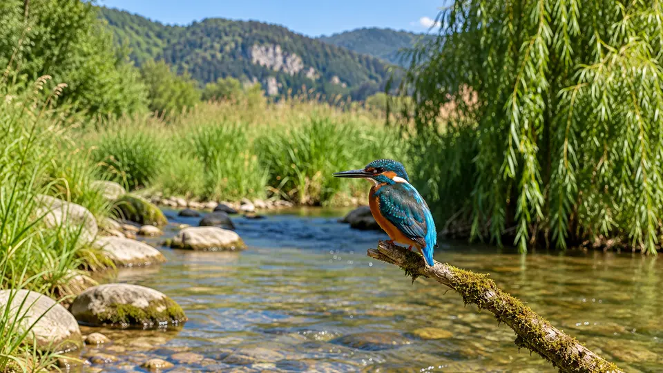 Common Kingfisher in its natural habitat, AI illustration