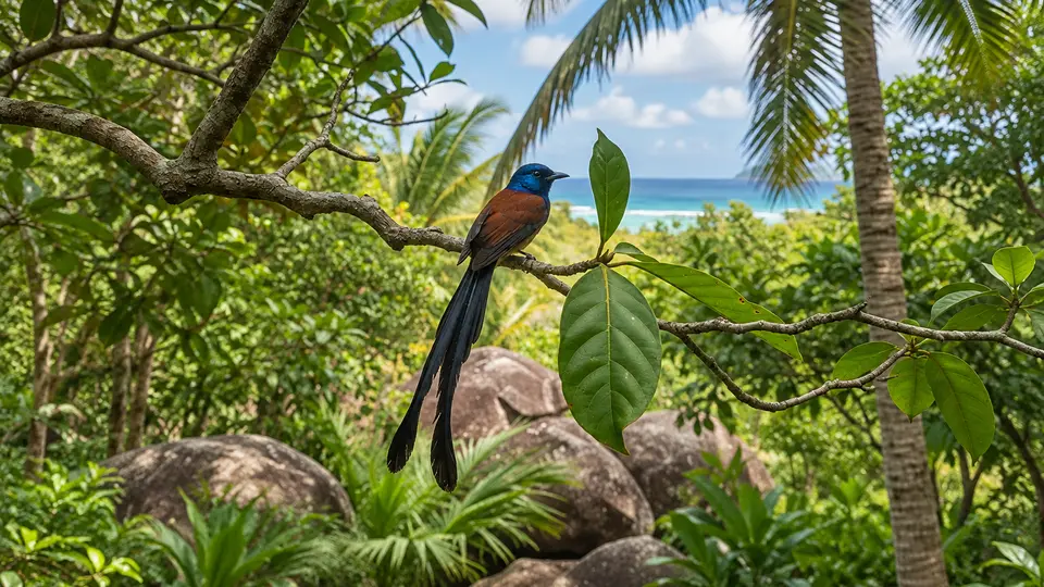 Seychelles Paradise Flycatcher in its natural habitat, AI illustration