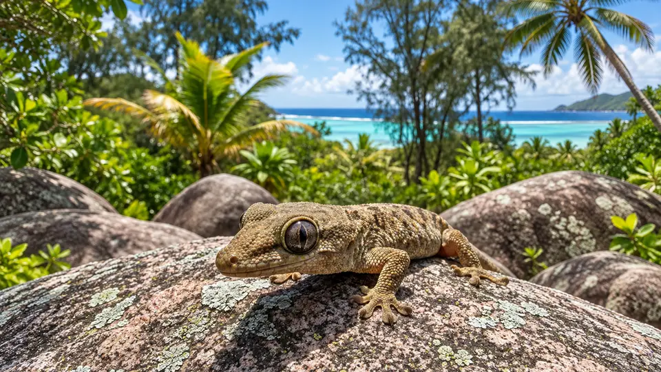 Seychelles Bronze Gecko in its natural habitat, AI illustration