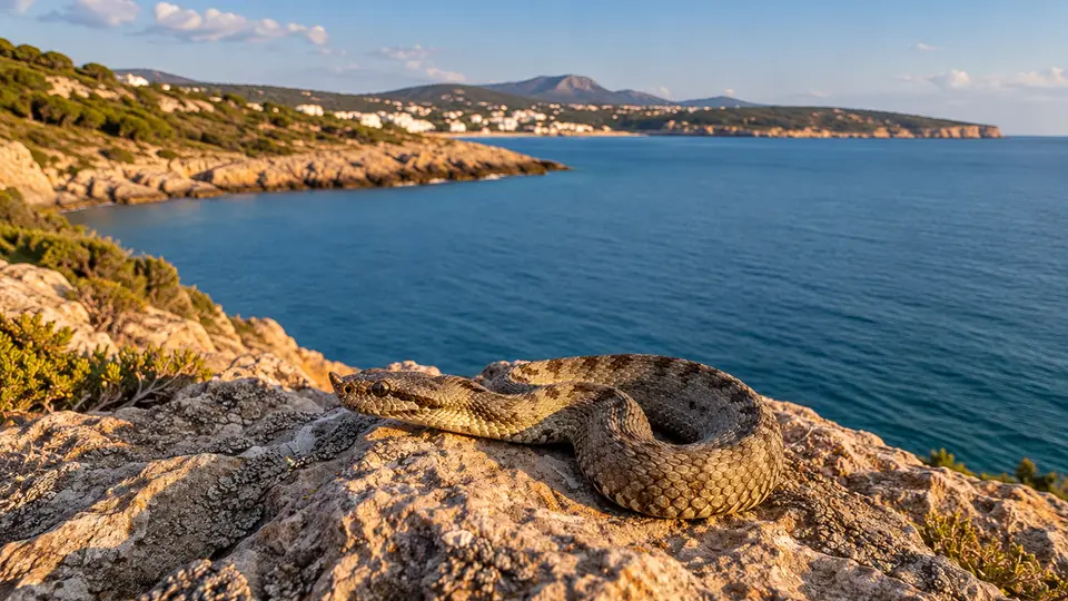 Nose-horned Viper in its natural habitat, AI illustration