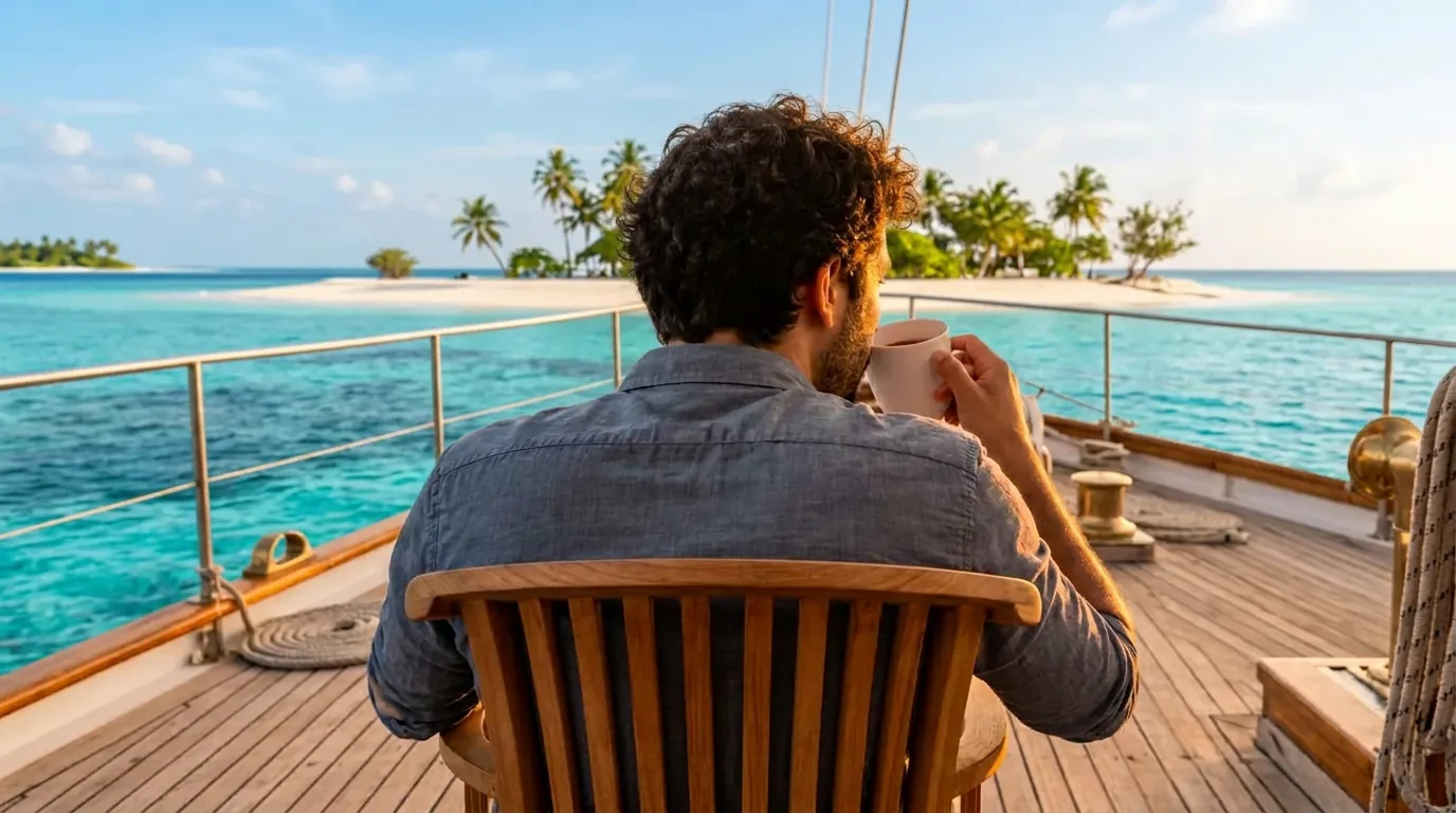 Coffee on a liveaboard sun deck beside a turquoise Maldives lagoon