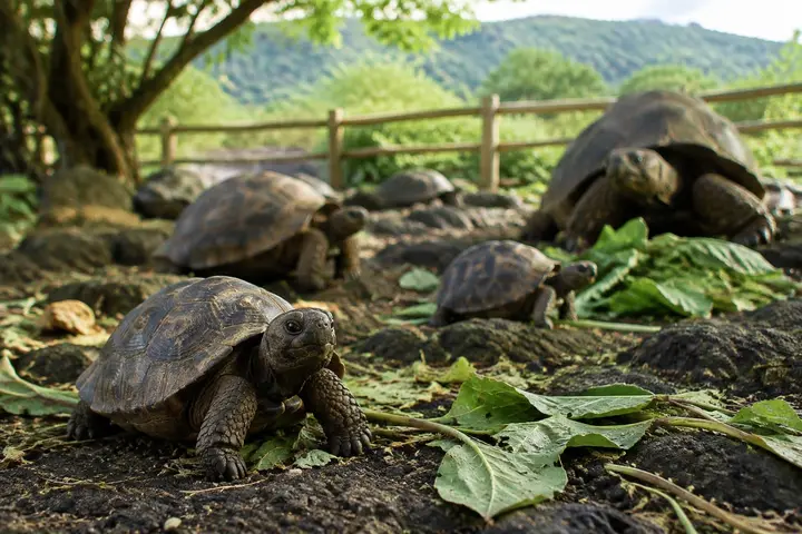 AI-generated illustration of young giant tortoises in a shaded breeding enclosure in the Galápagos highlands