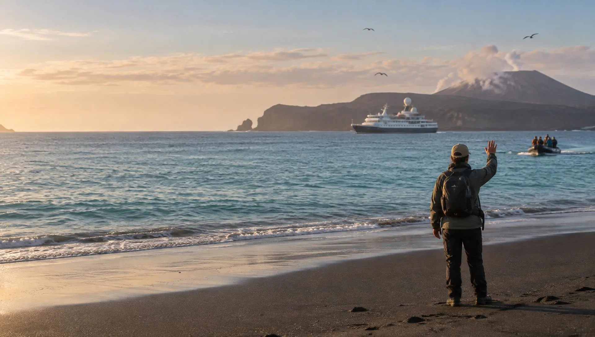 A naturalist guide on a volcanic beach greeting guests arriving by dinghy, an expedition cruise ship anchored in the bay