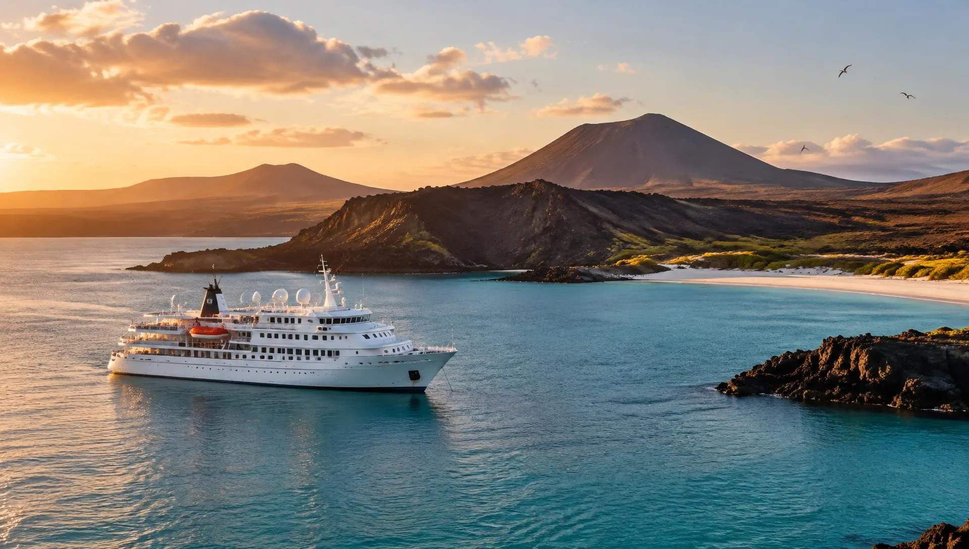Small expedition cruise ship anchored in a turquoise bay at golden hour