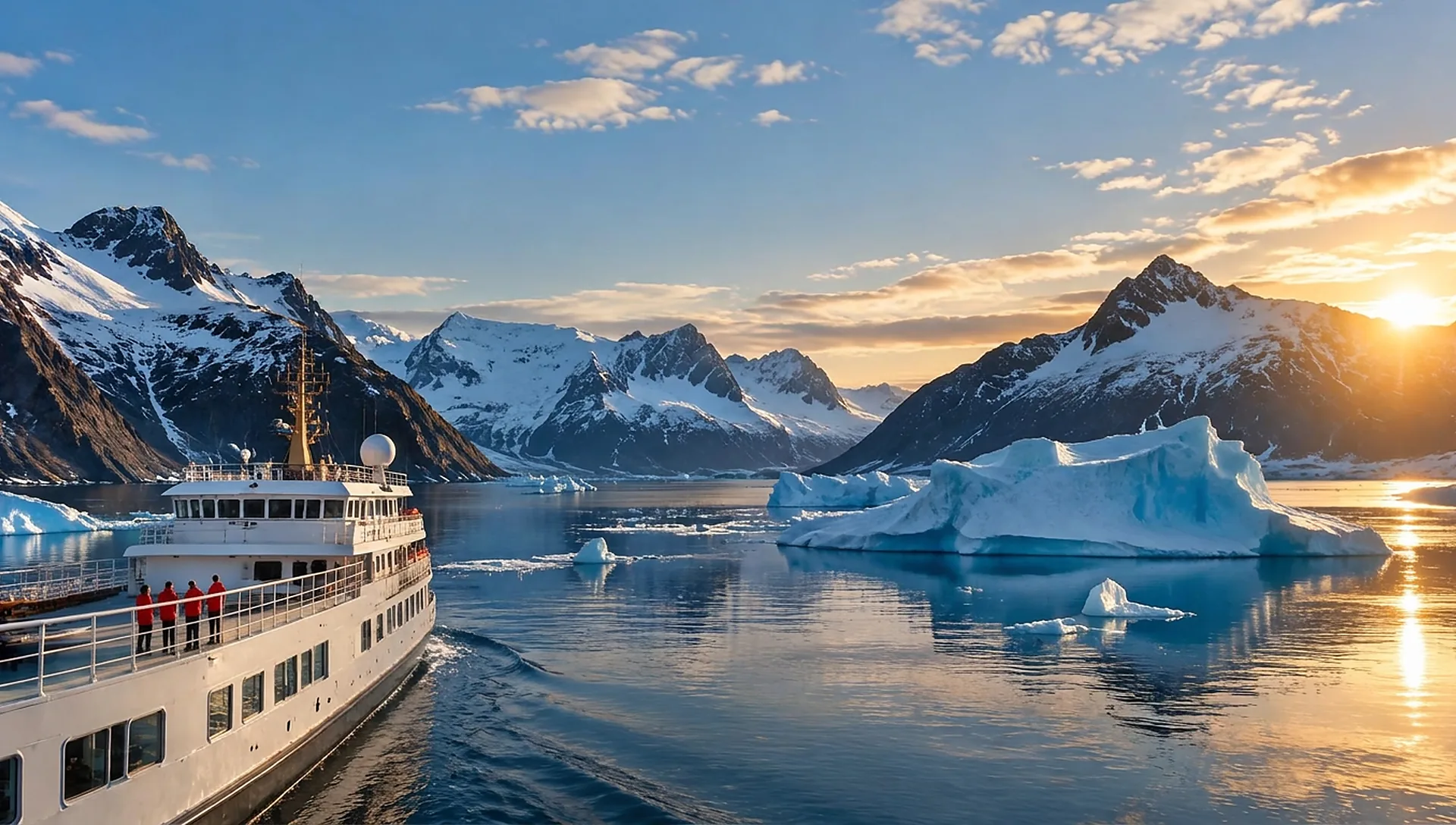 Expedition cruise ship with passengers in red parkas gliding past icebergs in a snowy arctic fjord at sunset