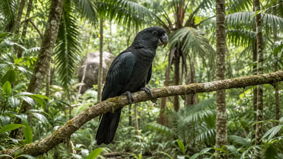 Seychelles Black Parrot in its natural habitat, AI illustration