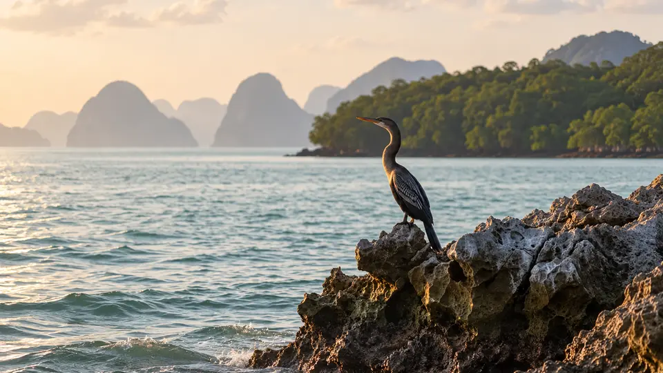 Oriental darter in its natural habitat, AI illustration