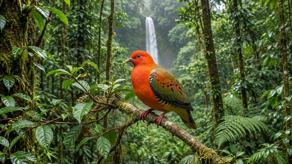 Orange fruit dove in its natural habitat, AI illustration