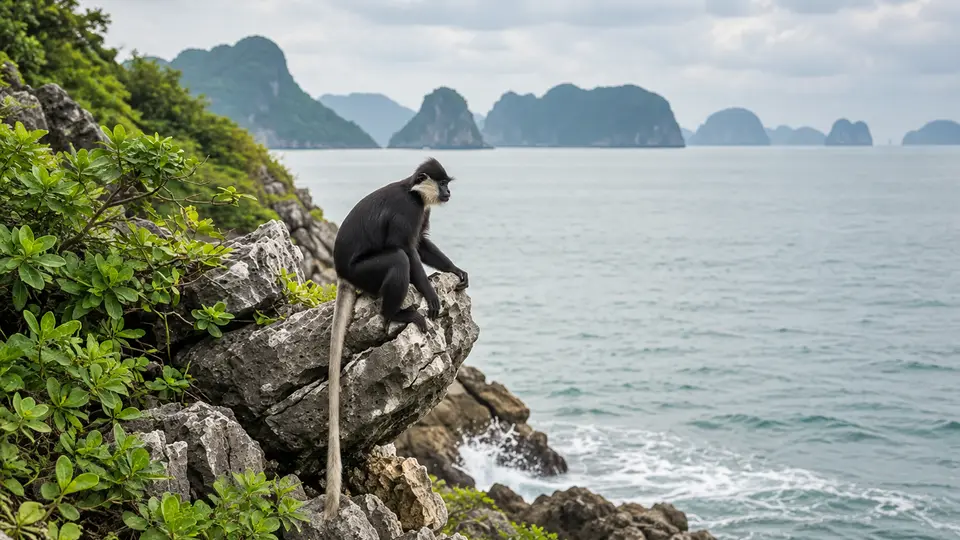 Delacour's langur in its natural habitat, AI illustration