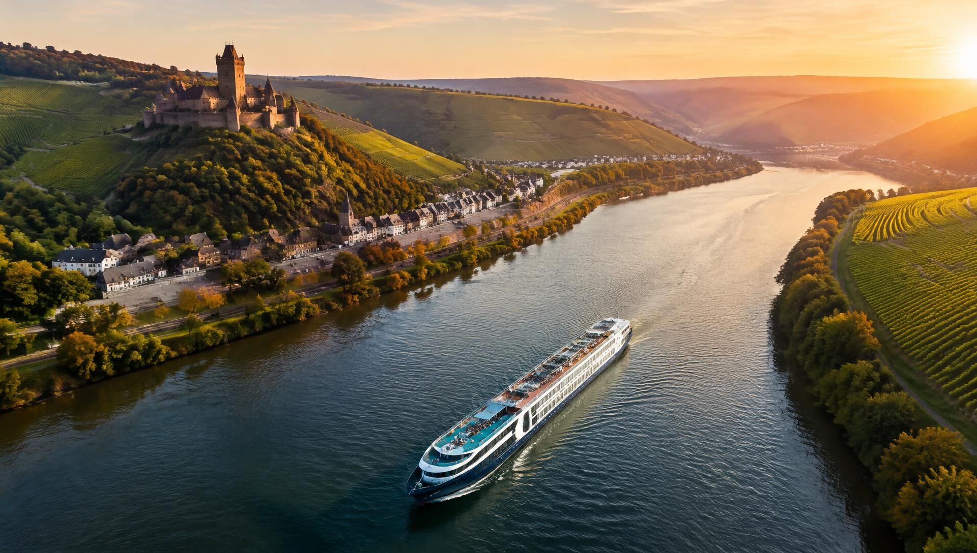 River cruise ship sailing past a historic riverside town