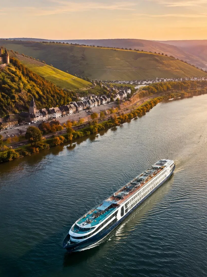 River cruise ship sailing past a castle and vineyards