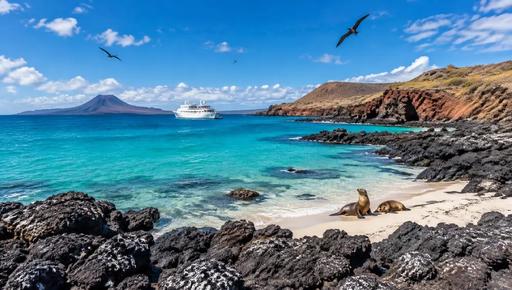 AI-generated illustration of a Galápagos beach with sea lions, a marine iguana and an expedition ship at anchor