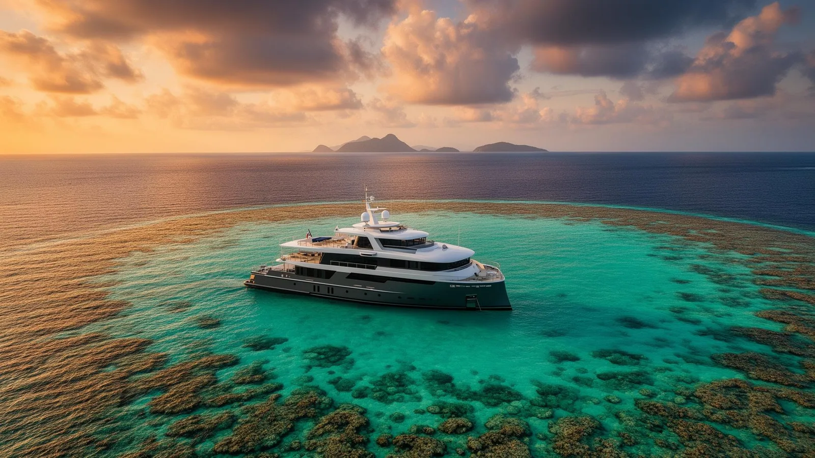 Luxusní liveaboard jachta zakotvená nad tropickým korálovým útesem při západu slunce