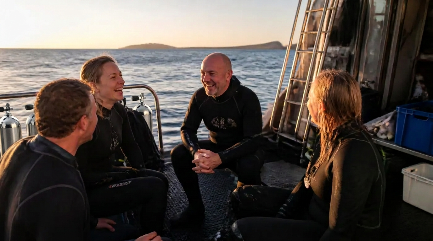 Divers talking together on the deck of a liveaboard at sunset