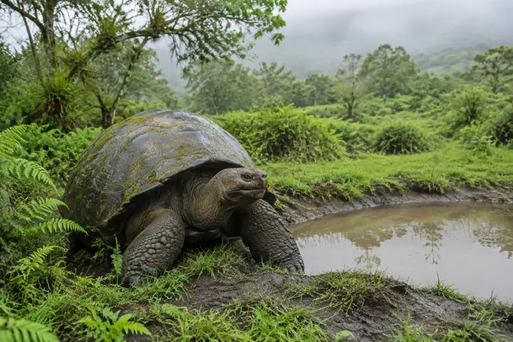 AI-generated illustration of a giant tortoise in the green Santa Cruz highlands