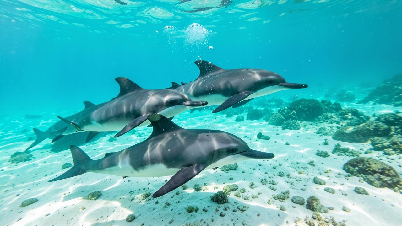 サタヤリーフの浅いラグーンにいるスピナーイルカの群れ