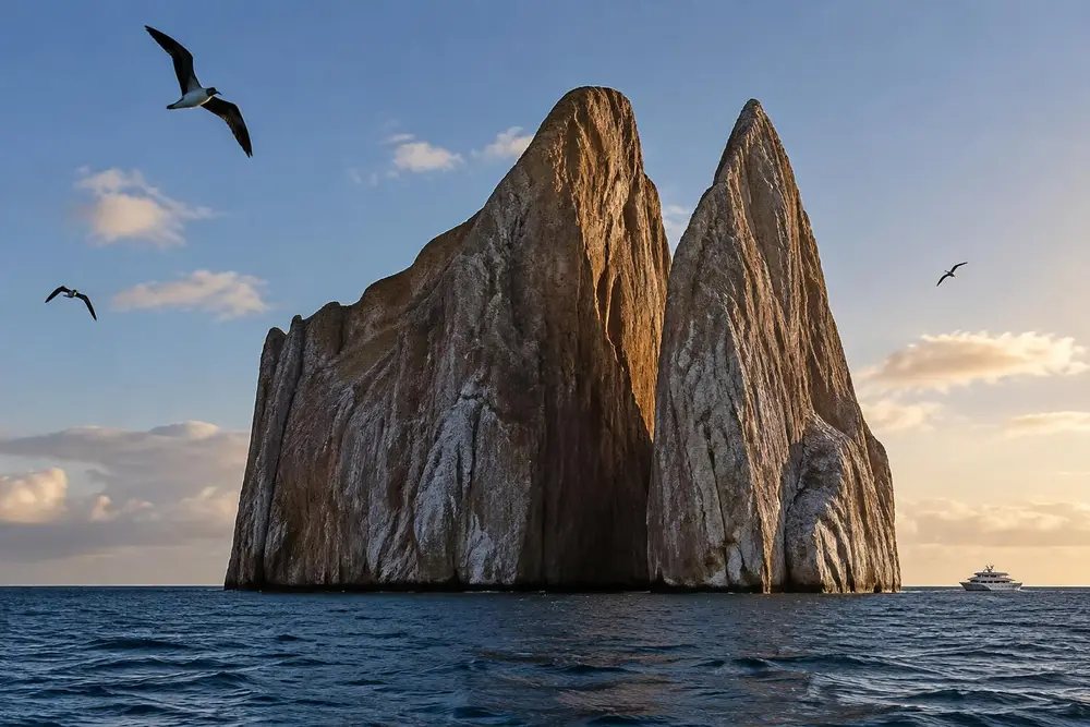 AI-generated photo of Kicker Rock off San Cristóbal at sunset