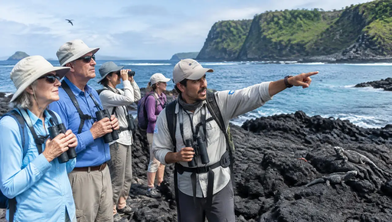 Naturalist guide with binoculars leading a small walking group along a volcanic Galápagos coastline