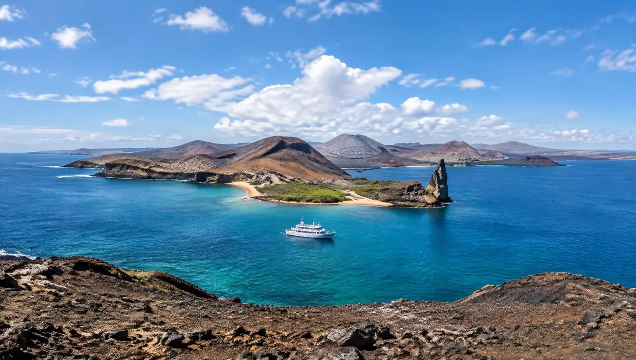 Small expedition ship in the turquoise bay beside Bartolomé’s volcanic landscape, Galápagos